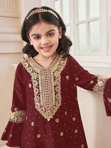 Young Girl' V-Neck Long Sleeve Minimalist Graphic Print Casual Dress - Burgundy - View 3