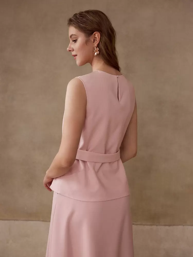 CUT OUT BELTED SLEEVELESS BLOUSE