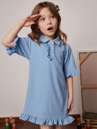 PrepCrw 年轻女孩蓝色针织领口荷叶边下摆中长连衣裙，春夏