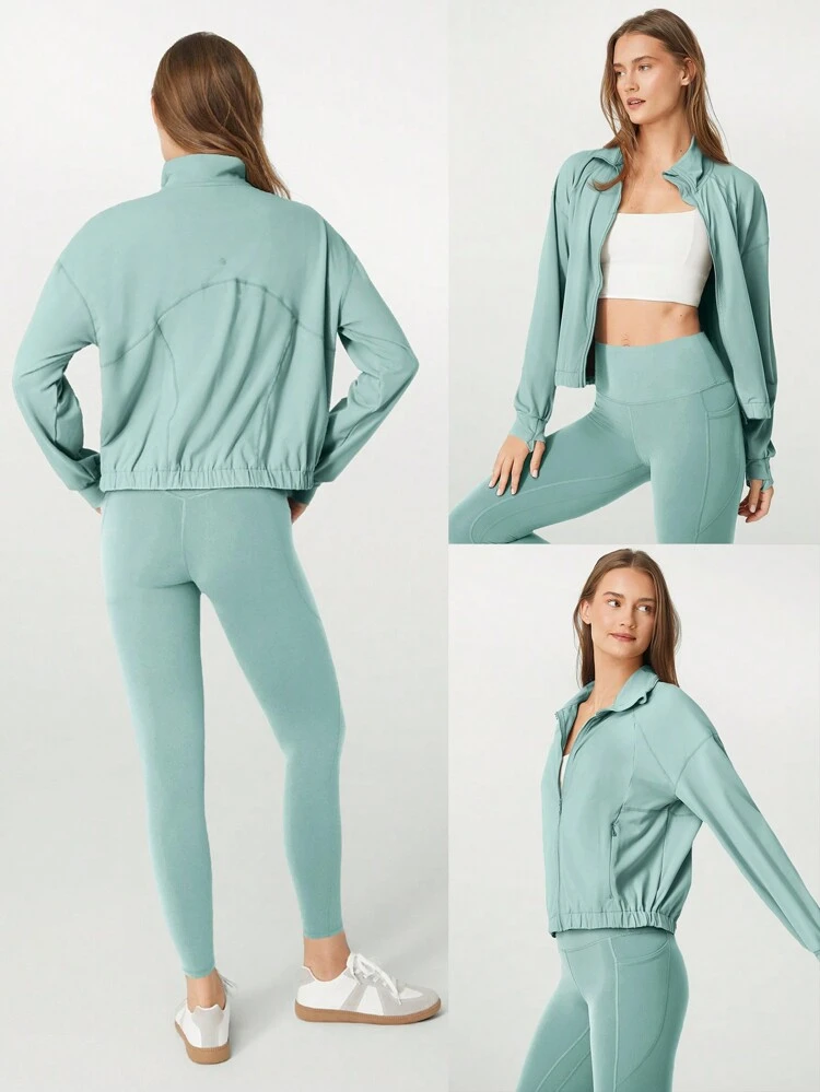 Chaqueta deportiva de manga larga con cuello alto, transpirable y de secado rápido, con bolsillos ocultos y ojales para el pulgar, para uso diario casual