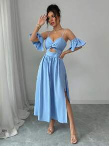 Calvaya Fashionable All-Match Sleeveless Twist Hollow Waist Ruffle Hem Slit Dress For Women