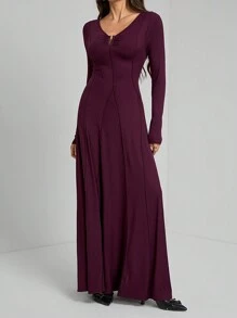 SHEIN Tall 女式优雅纯色束腰连衣裙，秋季 - 紫色 - 查看 4