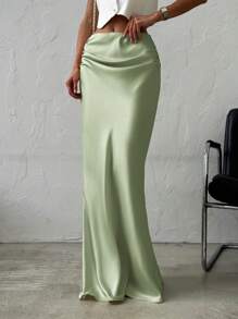 Firerie Elegante minimalistische romantische date & werkjurk voor dames, veelzijdige effen satijnen maxi-rok, abrikooskleur, lage taille, herfst/winter