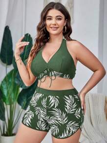 Swim Lushoire Plus Size Women's Random Print Halter Bikini Swimwear Set, Casual Vacation Summer Beach Wear