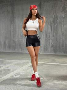 StreetHx Women's Solid Color Coated Waistband Logo Low-Rise Shorts, Suitable For Spring & Autumn - Black - View 3