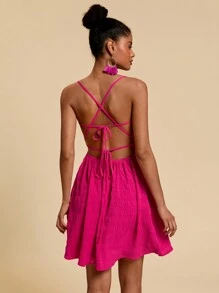 Travachic Women Solid Color Woven Backless Spaghetti Strap Mini Dresss,Spring&Summer,Beach Outfits For Woman,Western Wear Women,Spring Break,Concert Outfit Women,Boho,Rave Outfits,Tropical Vacation, Festival,Romantic Casual Summer Outfits Women,Tropical Outfit