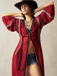Bohemela Áo tunic dài tay dáng rộng, màu trơn, chất liệu dệt kim, phong cách boho, thích hợp cho kỳ nghỉ biển, dành cho phụ nữ yêu thích phong cách boho. - Đỏ - Xem 2