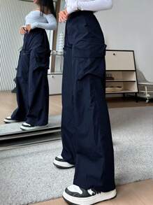 SHEIN EZwear 女士休闲纯色高腰阔腿裤宽松工装裤女士降落伞裤女士宽松裤女士海军蓝裤女士工装裤女士超大号裤子降落伞裤女士工装裤女士宽松海军蓝裤女士工装裤女士工作裤女士超大号裤子女士阔腿裤女士高腰女士工装裤 - 藏蓝色 - 查看 3