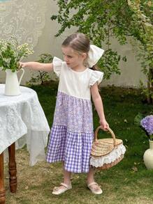 LMoss Kids LMoss 少女针织拼色碎花泡泡袖修身连衣裙