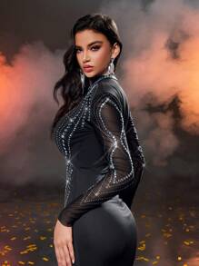 Glamrae Simple And Elegant Black Gorgeous Rhinestone Chest Hollow Wide Strap Long Sleeve Sexy Mermaid Ladies Formal Dinner Dress, Prom Evening Gown, For Wedding Guest, Graduation