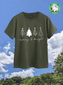 SHEIN EZwear 圣诞节休闲简约手绘圣诞树图案圆领短袖宽松女式T恤，适合夏季 - 軍綠色 - 查看 2