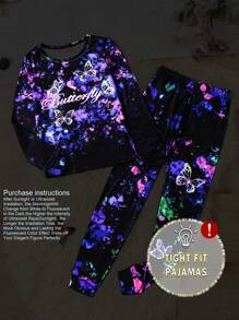 2 Pieces Teenage Girls Snug Fit Butterfly Glow-In-The-Dark Long Sleeve Sleepwear Set, Casual Pajamas