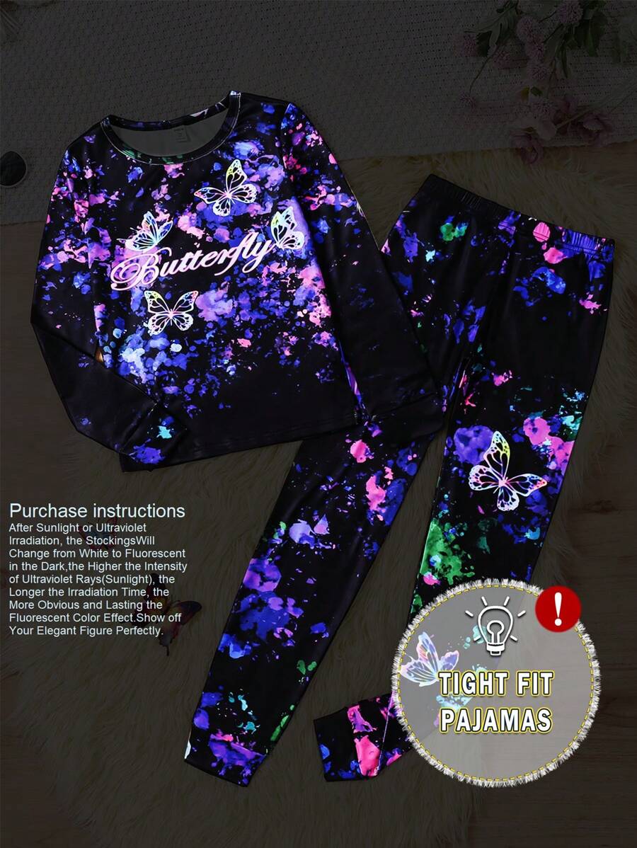 2 Pieces Teenage Girls Snug Fit Butterfly Glow-In-The-Dark Long Sleeve Sleepwear Set, Casual Pajamas