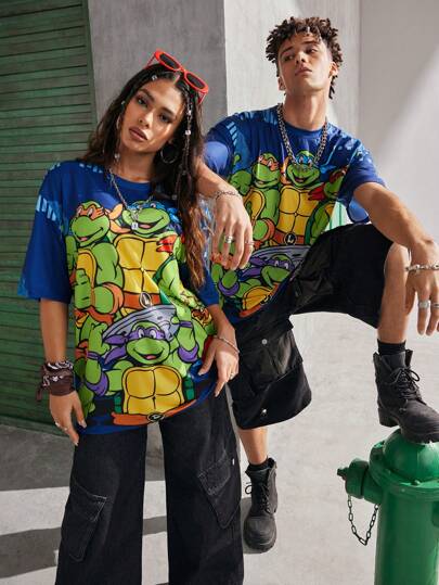 TEENAGE MUTANT NINJA TURTLES | SHEIN Unisex Casual Loose Knit Cartoon Graphic Blue Short Sleeve T-Shirt