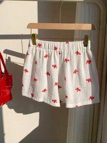 Comfortcana Women's Spring Red Valentine Casual Simple Bow Embroidery Shorts - White - View 2