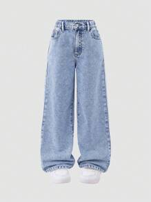 Tween 女童口袋阔腿宽松休闲百搭牛仔裤 - 淺色水洗藍 - 查看 6