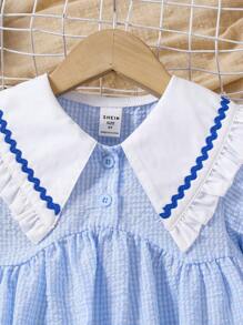 Young Girl Adorable Peter Pan Collar Ruffled Sleeve Plaid Loose Casual Dress, Blue Gingham Lantern Sleeves, Sailor Style, Suitable For Spring/Summer - Blue - View 4