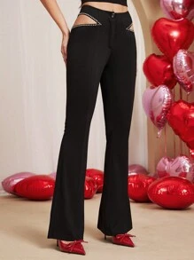 Chiquease Women's Black Hollow Out Rhinestone Decorative Casual Pants, Minimalist Fashion For Everyday Wear Fall Cloth For Women