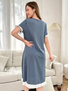 Contrast Color Ruffle Trim Casual Round Neck Textured Short Sleeve T-Shirt Nightgown - Dusty Blue - View 2