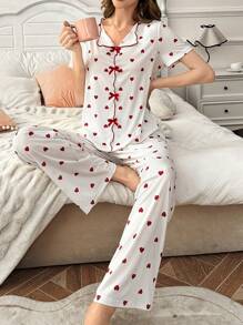 Casual Colorblock Bow Decor Heart Design Lapel Women Pajama Set - Multicolor - View 5