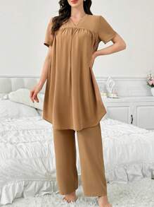 2pcs/Set Women Solid V-Neck Short Sleeve Sleepwear Top And Pants Pajama Set
