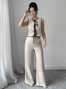 Siren Gaze Spring And Summer Women's Lace-Up Cardigan Suit, Color Block Bow, Women's Top, Solid Color Casual Loose Trousers, Women's Two-Piece Set, Daily Casual, Workplace Commuting Wear Ladies' Solid Color Top And Long Set, Perfect For Vacation/Leisure Time