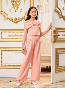 2pcs Tween Girl Casual Cute Bow Decor Camisole Top And Wide Leg Pants Set, Suitable For Commuting And Shopping - Pink - View 5