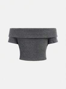Girlism Conjunto de 2 piezas de top corto de manga corta sin hombros tejido con pantalones de cintura alta acampanados en tela pura para niña preadolescente, casual y elegante para uso diario, apto para primavera y verano, conjuntos de moda casual para niñas en la calle, vuelta al colegio, estilo campus