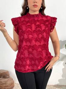 SHEIN Privé Blusa roja elegante y romántica con mangas de volantes transparentes, bajo con volantes, textura calada para mujer de talla grande, para primavera/verano - Rojo - Ver 4