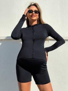 SHEIN Pregnant Woman's Solid Color Long Sleeve Zipper Front Casual Tankini Swimwear, Summer Beach Vacation - Black - View 3