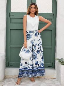 SHEIN Clasi Women Print Sleeveless Pleated Loose White & Blue Placement Print Wide Leg Pants 2 Pieces Set - Multicolor - View 3