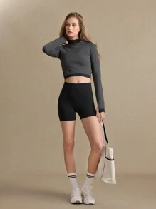 SHEIN 女士条纹圆领长袖短款运动衫 - 黑色 - 查看 7