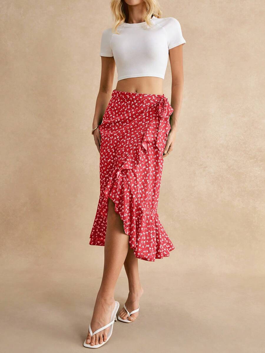 Poéselle Ditsy Floral Print Ruffle Trim Tie Side Skirt - Red - View 1