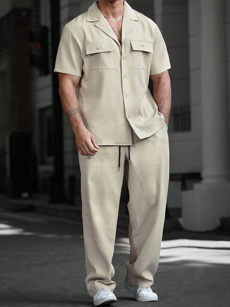 Manfinity CasualCool Plus Size Men 2pcs/Set Solid Color Short Sleeve Pocket Shirt And Pants Suit - Apricot - View 1