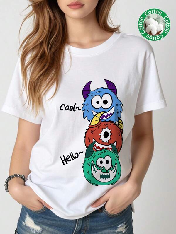 Tseoso Tricou cu mânecă scurtă cu mânecă scurtă, cu imprimeu grafic Monstrii amuzanți, alb, potrivit pentru vară, amestec de bumbac