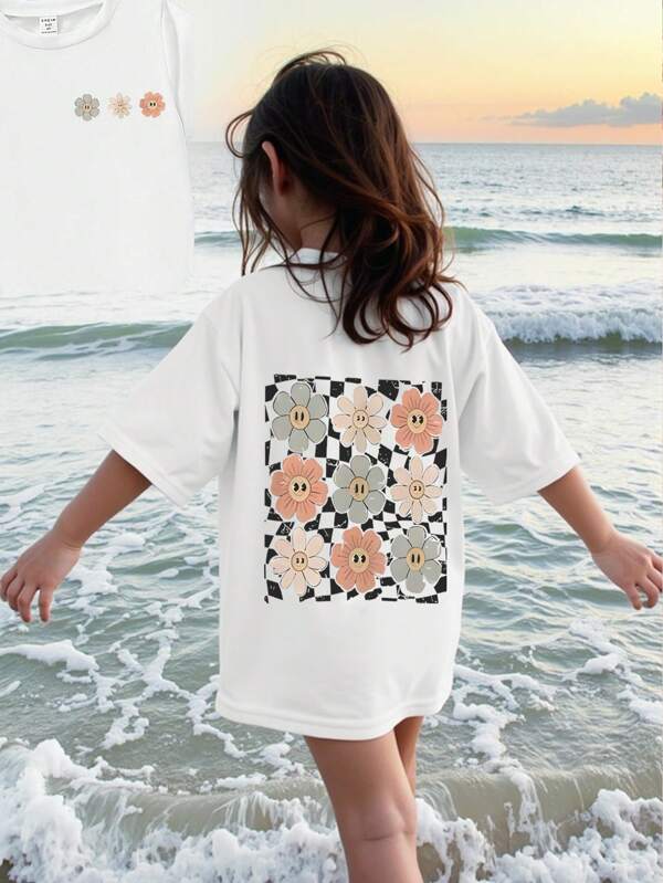 SHEIN GraphicGems Young Girl Summer Vacation Checkered & Cute Flower Printed Casual Short Sleeve T-Shirt
