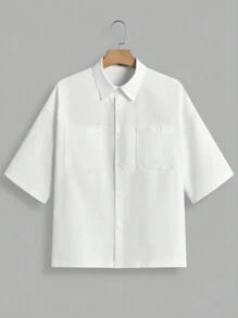 Forever 21 Men's White Loose Casual Double Pocket Lapel Short Sleeve Shirt - White - View 3