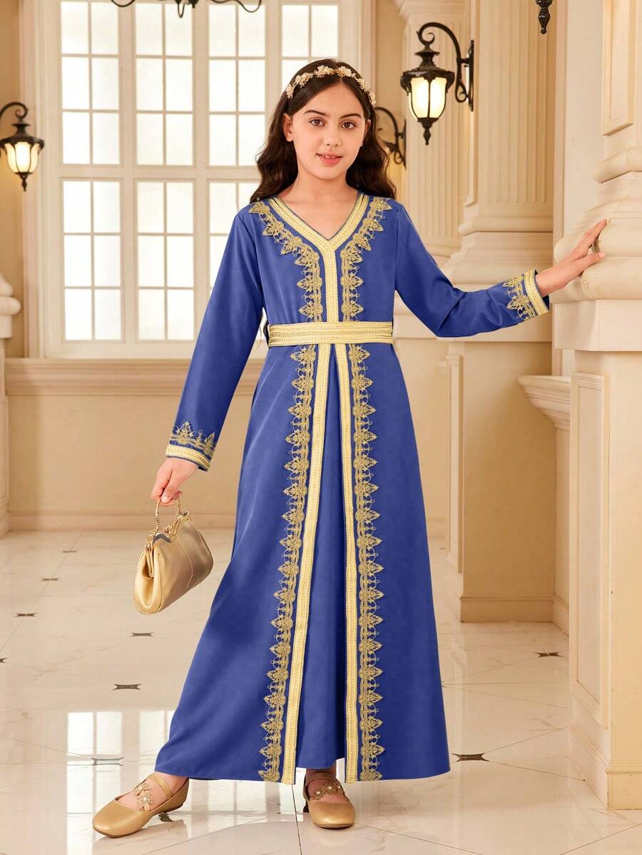 SHEIN Tween Girls Minimalist Fashion Long Sleeve Casual Everyday Dress - Royal Blue - View 1