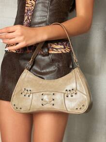 SHEIN ICON Ladies, Women Shoulder Bag, Hobo Bag, Fashionable, Personalized, Simple, Versatile, Street, Sweet And Cool Girls, Hot Girls, Y2k, Retro, Rivets, Vintage, Biker Style, Teenagers - Khaki - View 7