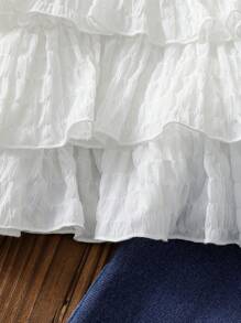 SHEIN 女宝宝无袖白色上衣搭配牛仔裤套装，简约风格图案，适合日常外出、公园游玩、休闲居家、校园生活，春夏 - 彩色 - 查看 4