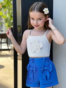 2pcs/Set Young Girls Floral Camisole Top And Lavender Bowknot Shorts, Comfortable Casual Summer Holiday Outfit - Blue - View 3