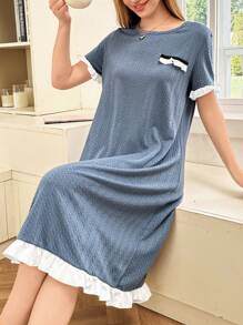 Contrast Color Ruffle Trim Casual Round Neck Textured Short Sleeve T-Shirt Nightgown - Dusty Blue - View 5