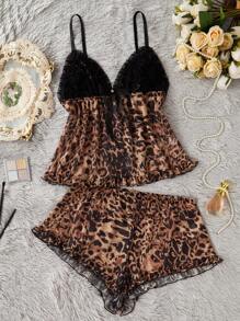 SilkySpell Bộ đồ ngủ ren hoa họa tiết da báo cỡ lớn và quần short lưới tương phản - Nhiều màu - Xem 1