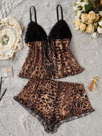 SilkySpell Plus Size Leopard Print Floral Lace Contrast Mesh Cami And Shorts Pajama Set