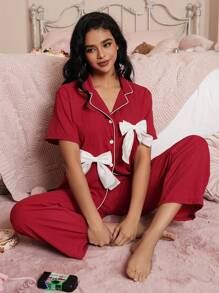 Conjunto de pijama con camisa y pantalones de bloqueo de color con adorno de lazo