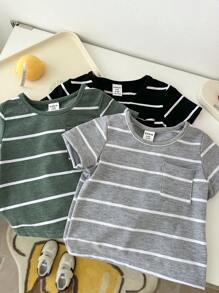 SHEIN Vintaside Kids 3 pièces Ensemble de Top rayé unisexe pour bébé garçon, noir, gris et vert olive - Couleurs assorties convenant à toutes les occasions en été. Vêtements de bébé garçon, hauts pour bébés garçons, vêtements pour garçons, vêtements de bébé garçon, hauts pour bébés garçons