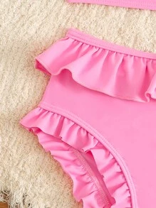 SHEIN 2pcs/Set Young Girl Cute Pink Swimwear, Bowknot 3D Flower Strap Ruffled Shorts - Pink - View 6