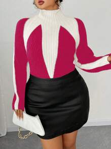 Celure Suéter ajustado de manga larga, cuello redondo, tejido a punto con bloques de color para mujeres de talla grande en otoño/invierno