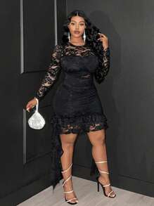 Maweii Plus Size Women Lace Trimmed Flounce Sleeve Semi-Sheer Long Dress - Black - View 6