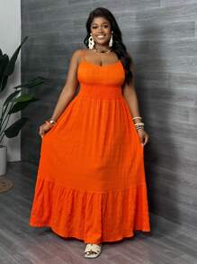 Slaydiva Plus Size V-Neck Orange Camisole Cinched Waist Flared Maxi Dress, Vacation Style,Beach Dress Sundress,Holiday Outfits Boho